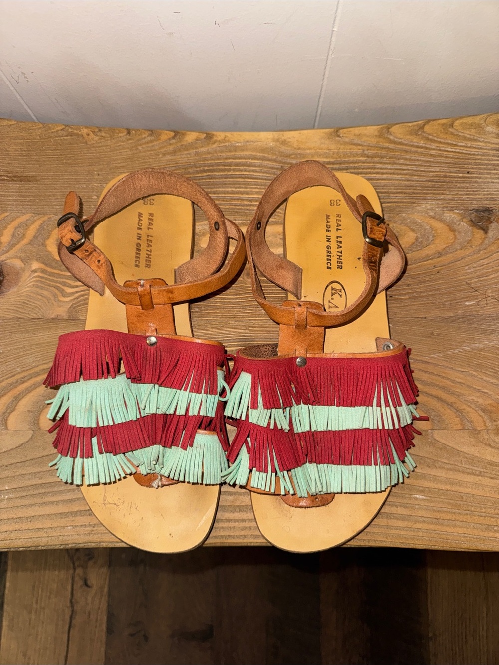 Made in Greece Fringed Leather T-Strap Sandals in Red & Mint size 38 US 8
